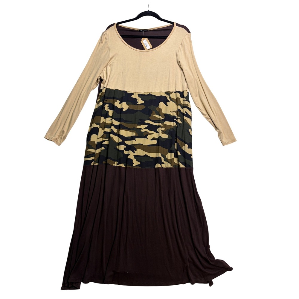 Storyteller Maxi Dress Womens 2X Cream Camo Brown Long Sleeve Colorblock Pockets